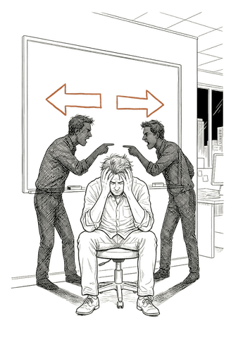 A founder holds his head at a whiteboard while two darker versions of himself point him in opposite directions.